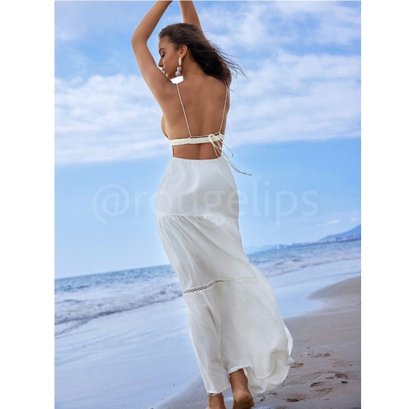 White Maxi Dress V-Neck Open Back Lined Tie Straps - Picture 4 of 9